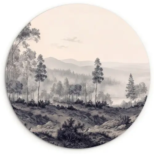 Mistig - Berglandschap - Illustratie Wandcirkel kunststof plaat 5mm dik klein -3d