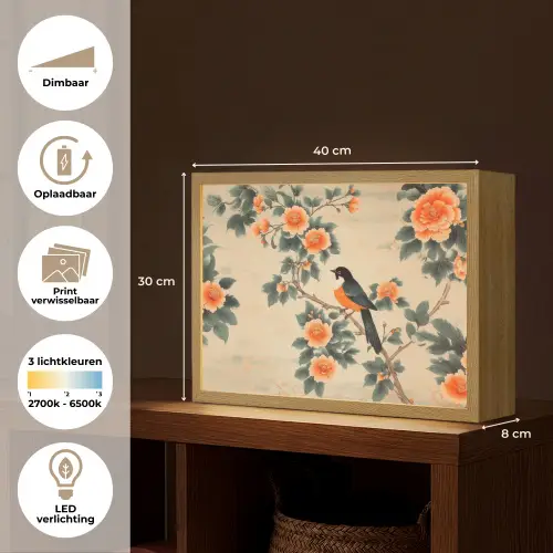 Vogel - Tak - Bloemen - Oranje Light Box met batterij (Wandlamp) middel -USP_websiteoverzichtNL