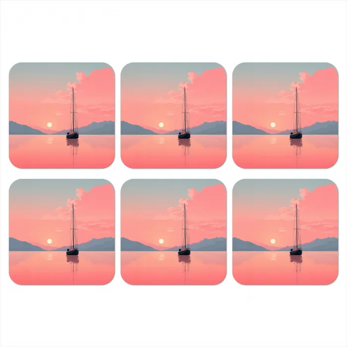Zeilboot - Roze zee - Zonsondergang - Bergen onderzetter kurk middel -3d