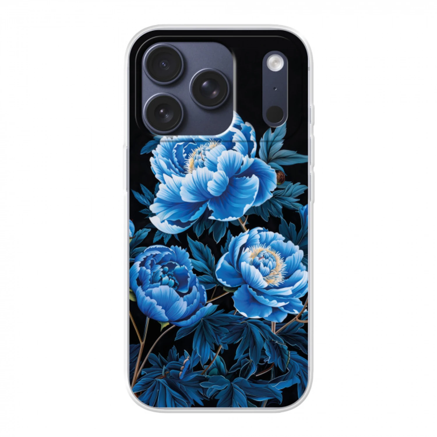 Bloemen - Zwart - Blauw - Modern Telefoonhoesje iPhone 17 Pro klein -3d