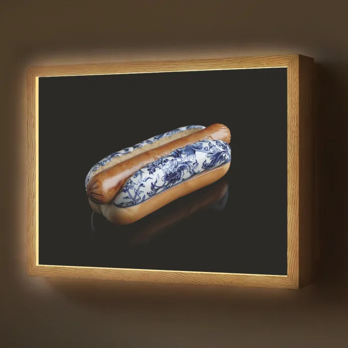 Hotdog - Porselein - Delfts blauw - Eten Light Box met batterij (Wandlamp) middel -z3d_website