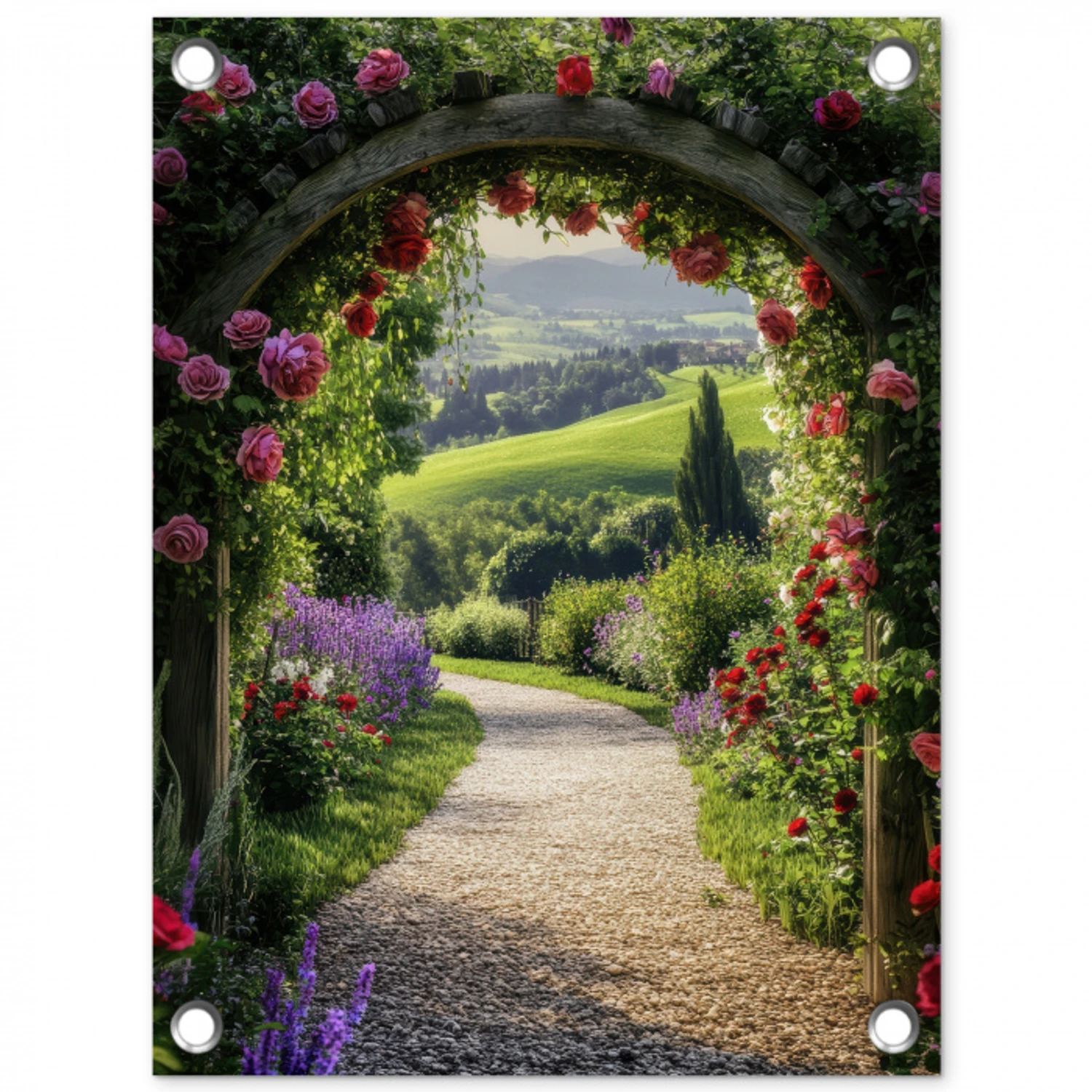 Doorkijk - Tuinboog - Bloemen - Natuur - Pad tuinposter los doek klein -3d