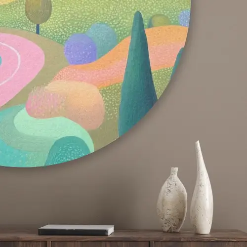 Landschap - Paars - Pastel - Huizen Akoestische PET Vilt - Rond klein -sfeer5_closeup