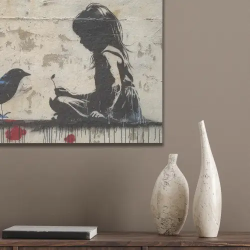 Street art - Meisje - Vogel - Graffiti - Banksy PET vilt klein -sfeer6_closeup