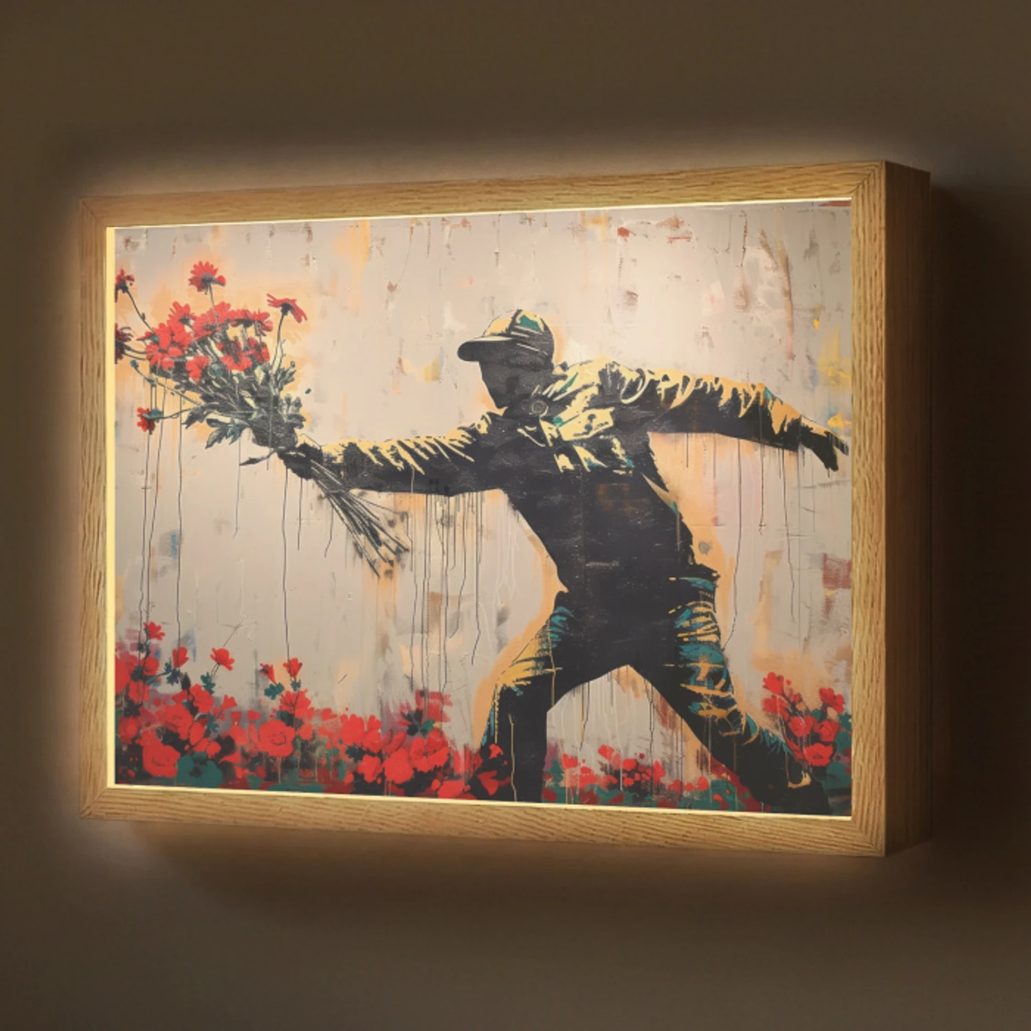 Street art - Man - Bloemen - Graffiti - Banksy Style Light Box met batterij (Wandlamp) middel -z3d_website