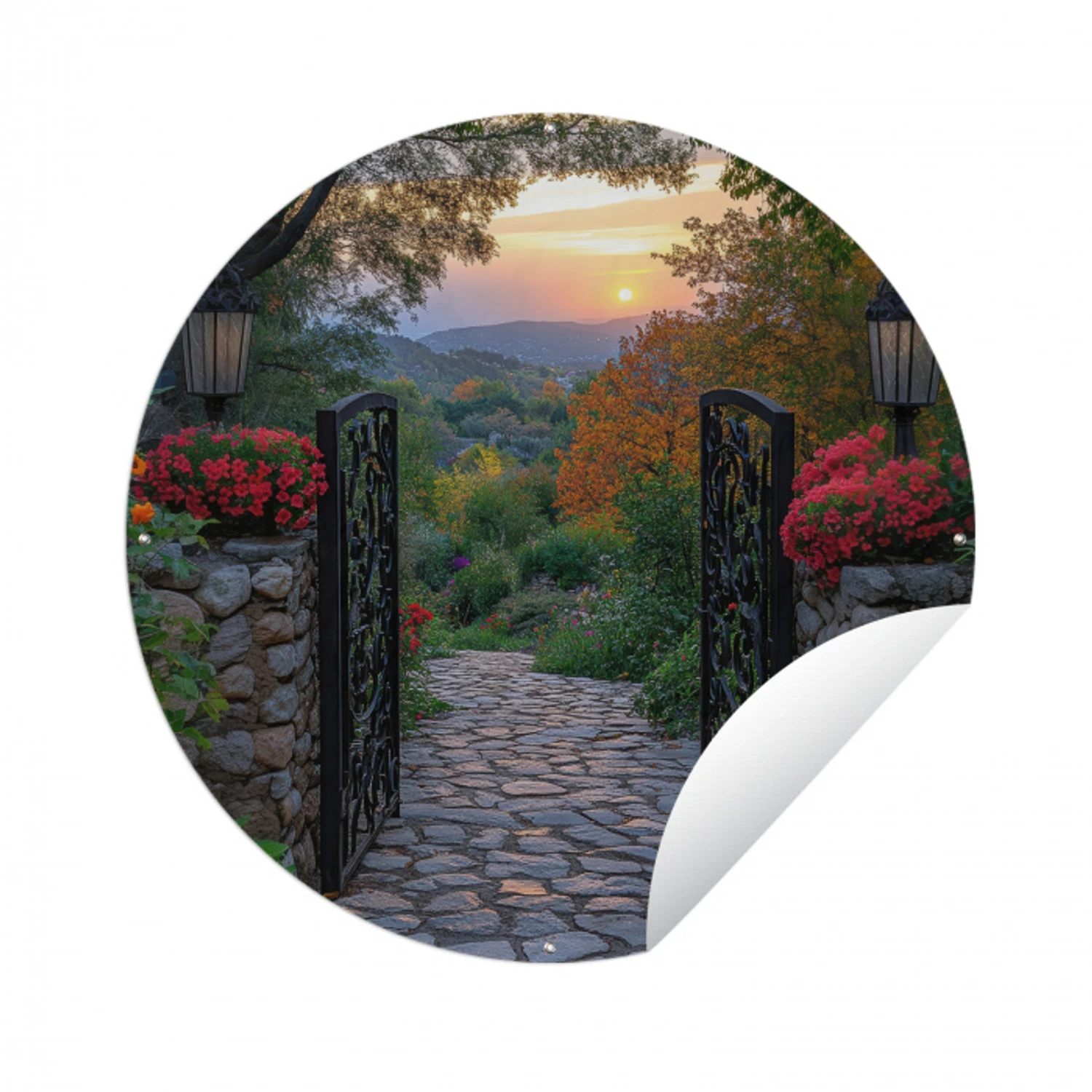 Landschap - Hek - Pad - Zonsondergang - Natuur Wandcirkel tuinposter met ringen klein -3d