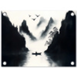 Roeiboot - Mistig - Bergen - Vogels tuinposter los doek klein -3d