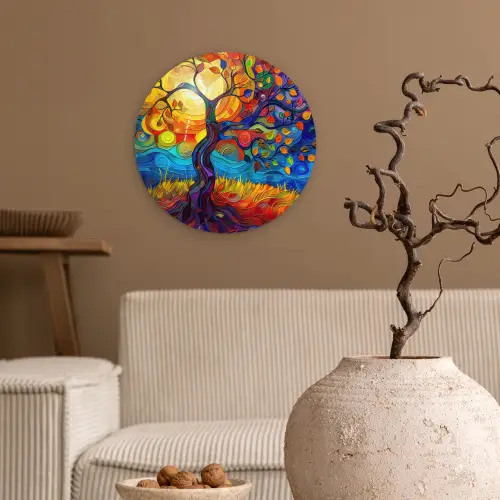 Boom - Zon - Verflook - Kleuren - Abstract Wandcirkel kunststof plaat 5mm dik klein -sfeer1