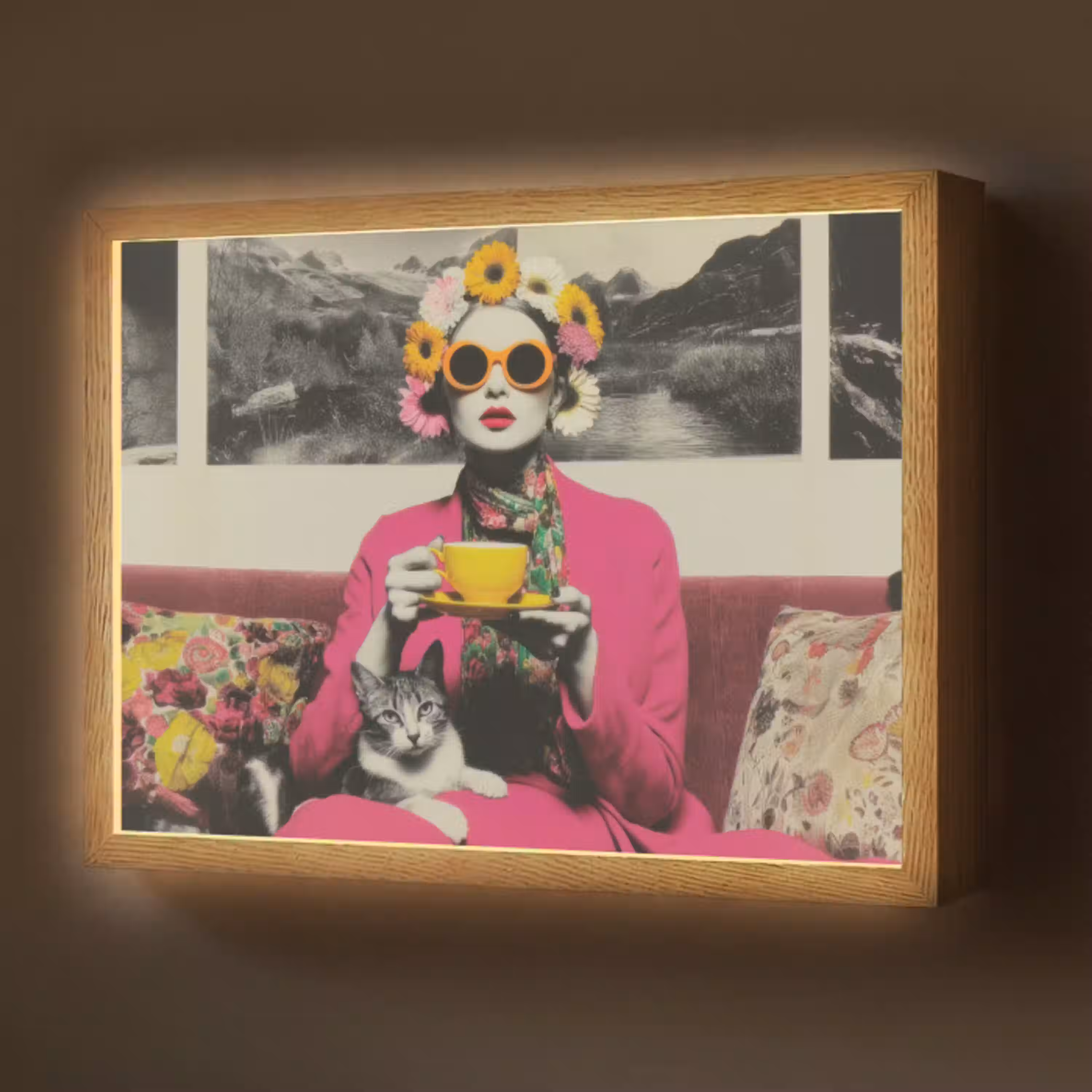 Vrouw - Kat - Bloemen - Kopje - Retro Light Box met batterij (Wandlamp) middel -z3d_website