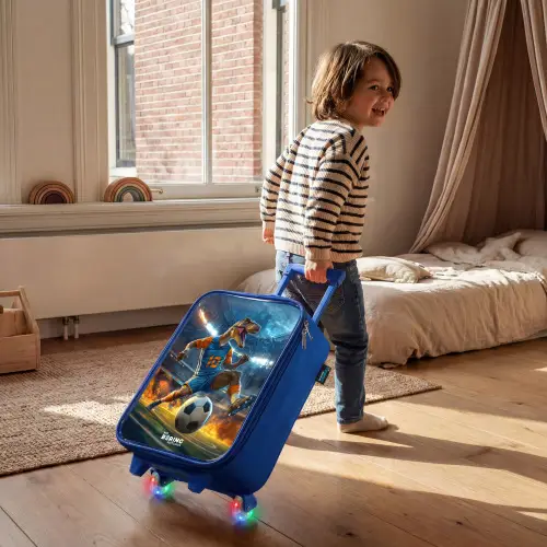 T-Rex als voetballer in vol stadion Kinderkoffer - Blauw klein -sfeer1