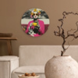 Vrouw - Kat - Bloemen - Kopje - Retro Wandcirkel kunststof plaat 5mm dik klein -sfeer1