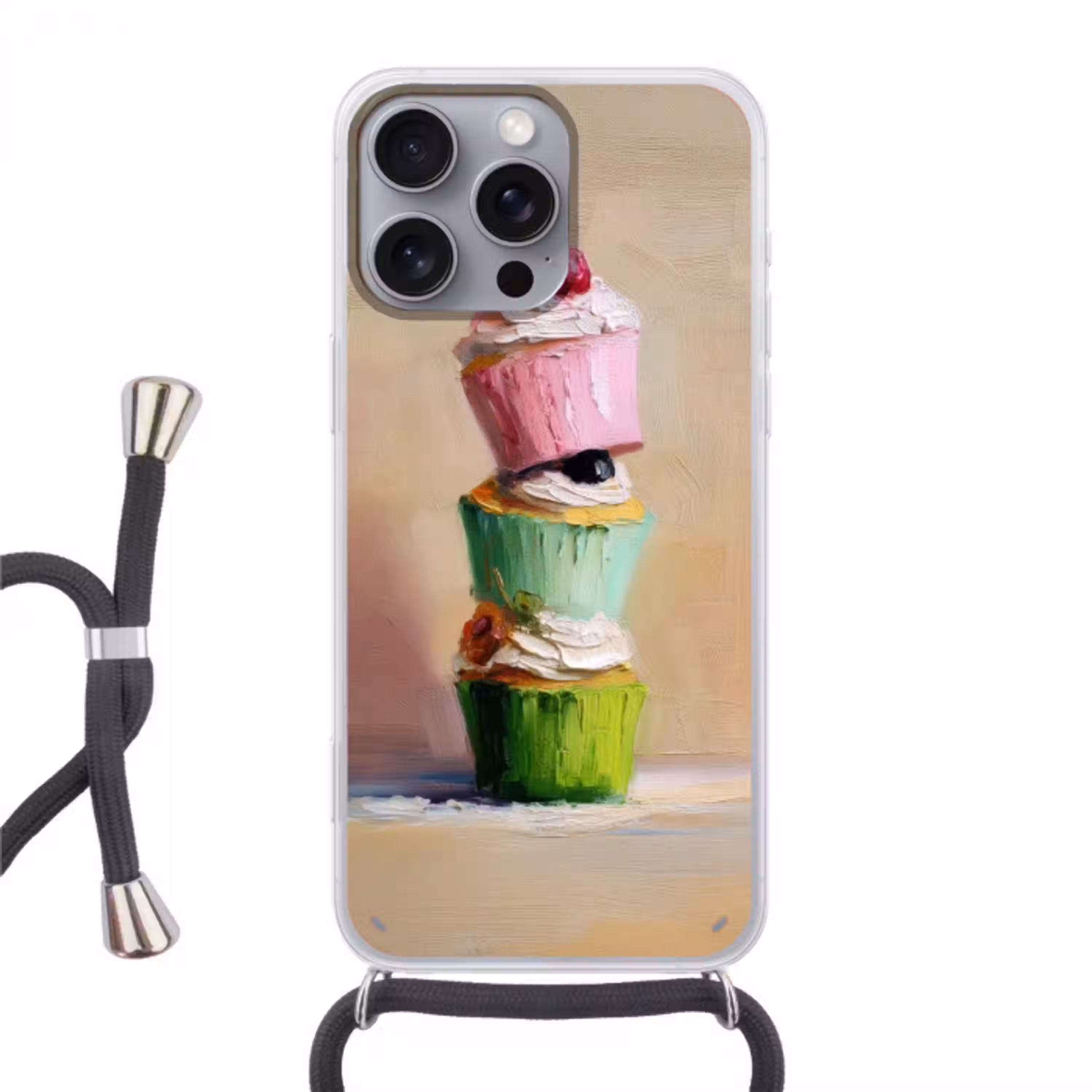 Cupcakes - Gestapeld - Kleurrijk - Fruit Hoesje iPhone 16 Pro Max met koord klein -3d