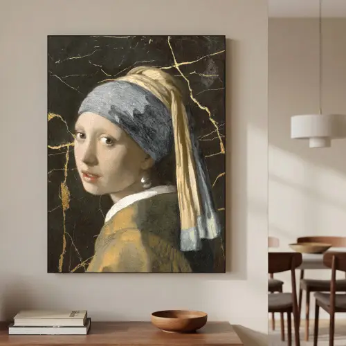 Meisje met de parel - Johannes Vermeer - Goud Textielframe zwart klein -sfeer2