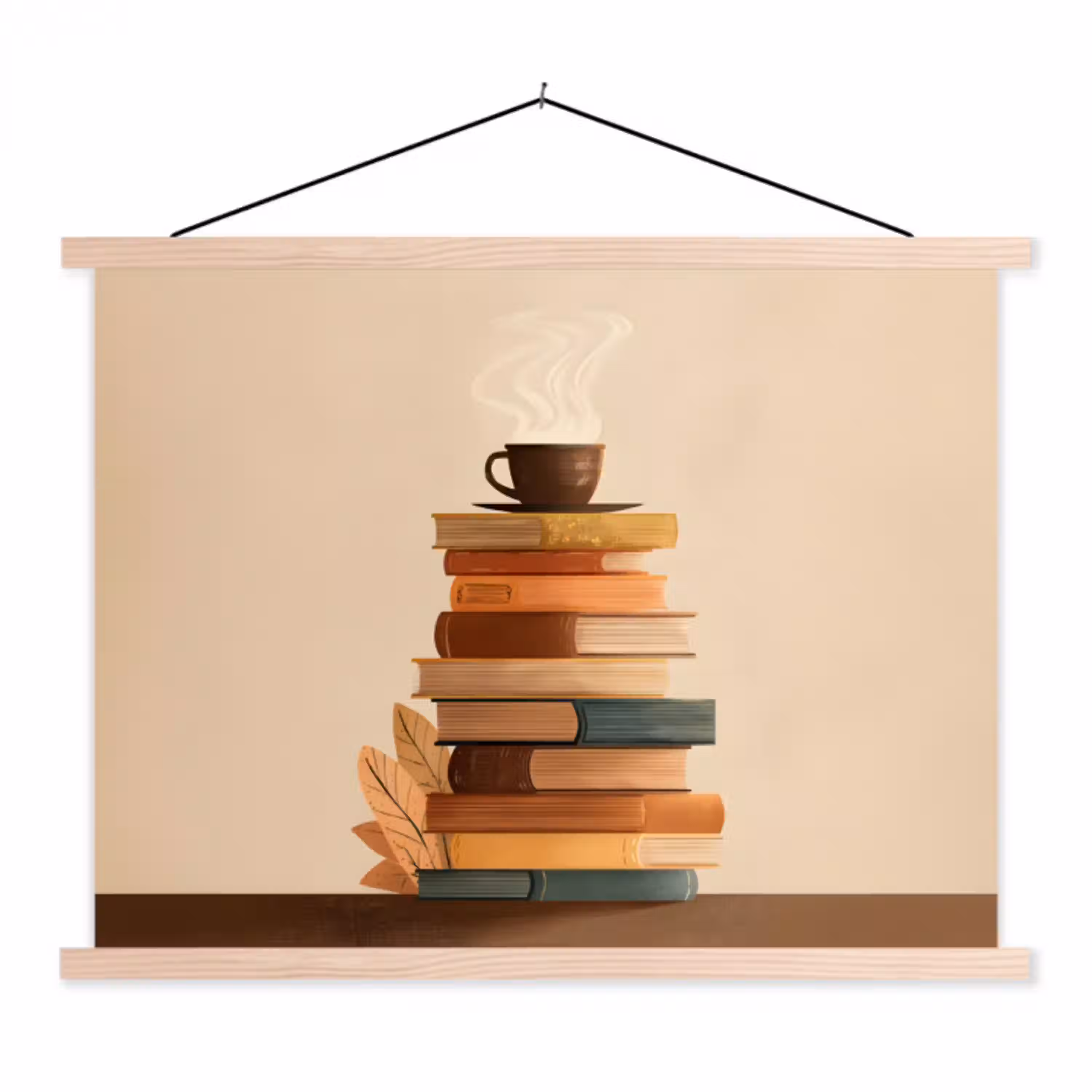 Boeken - Toren - Koffie - Beige textielposter latten blank klein -3d
