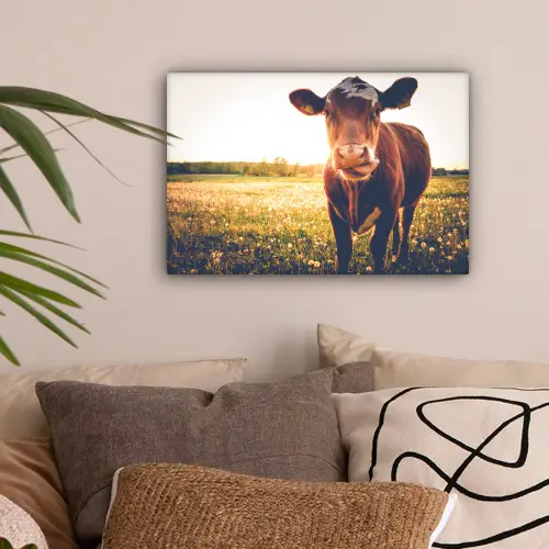 Koe - Zonsondergang - Bloemen - Gras - Dieren canvas 2cm klein -sfeer1