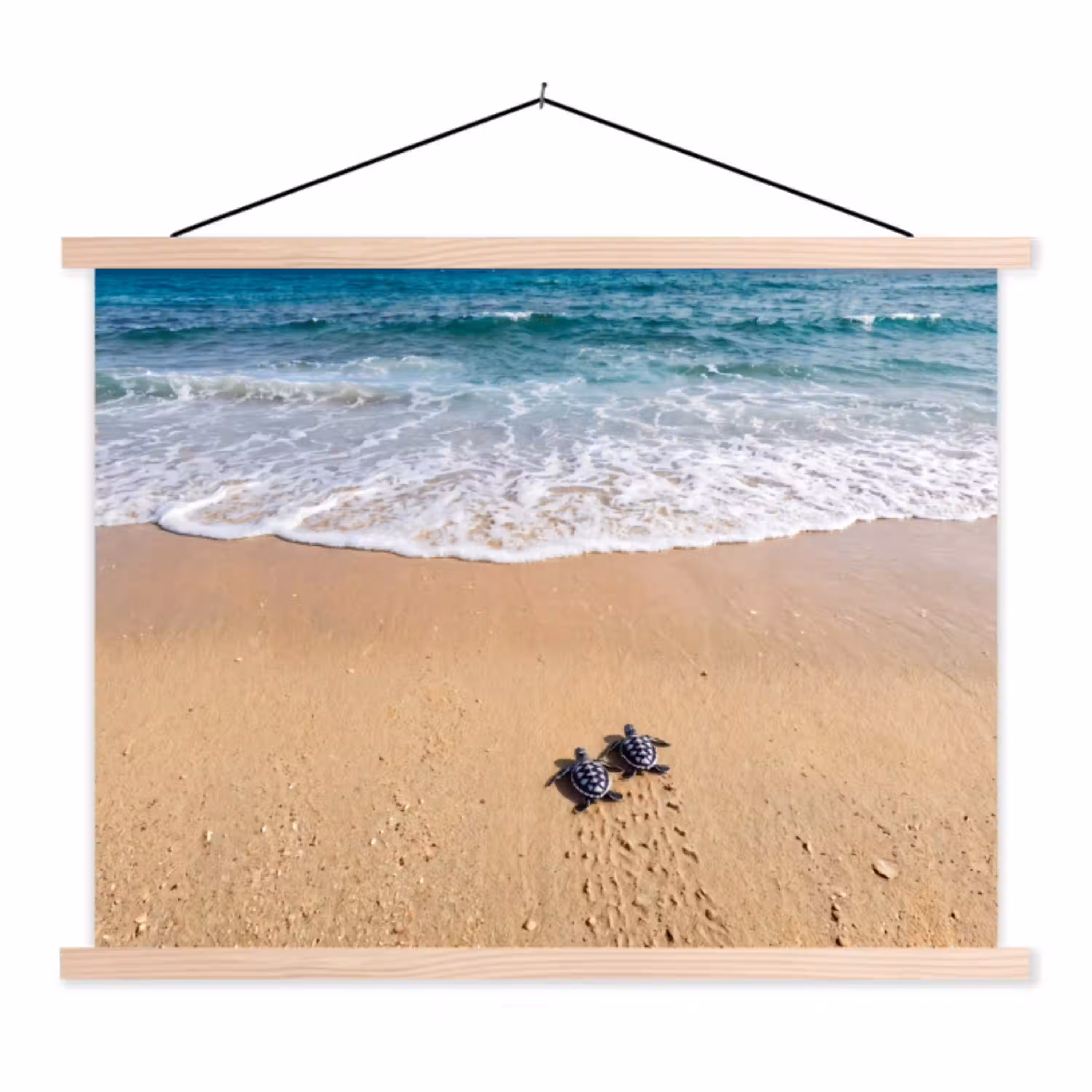 Schildpad - Jong - Strand - Oceaan - Blauw textielposter latten blank klein -3d