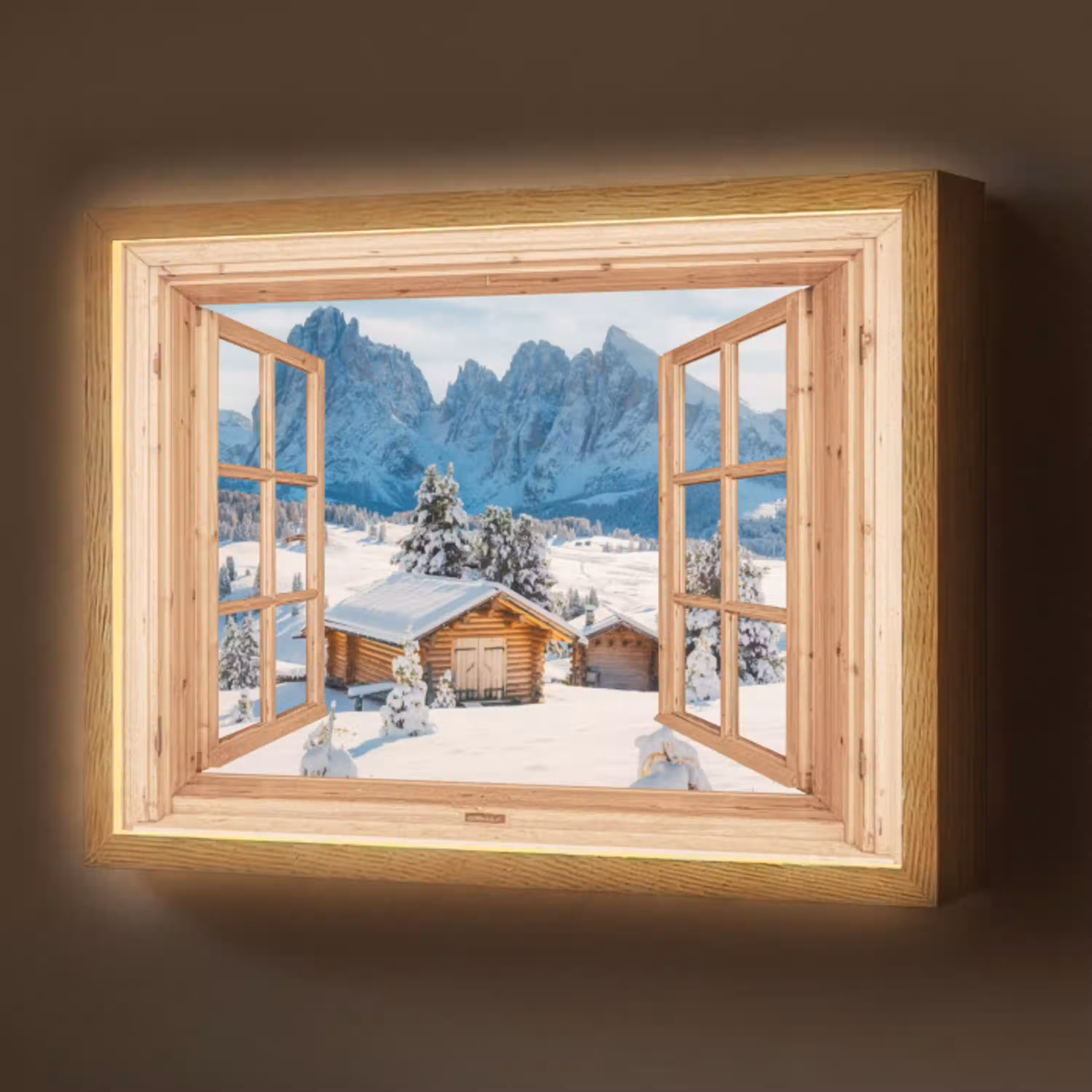 Doorkijk - Winterlandschap - Huisje - Bergen - Uitzicht Light Box met batterij (Wandlamp) middel -z3d_website