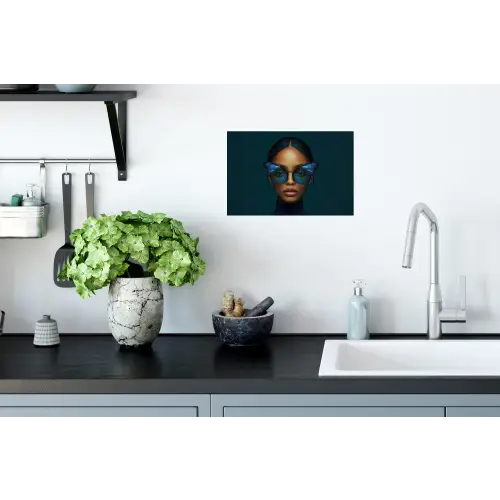 Vrouw - Vlinder - Bril - Blauw - Modern - Portret Muursticker klein -keuken
