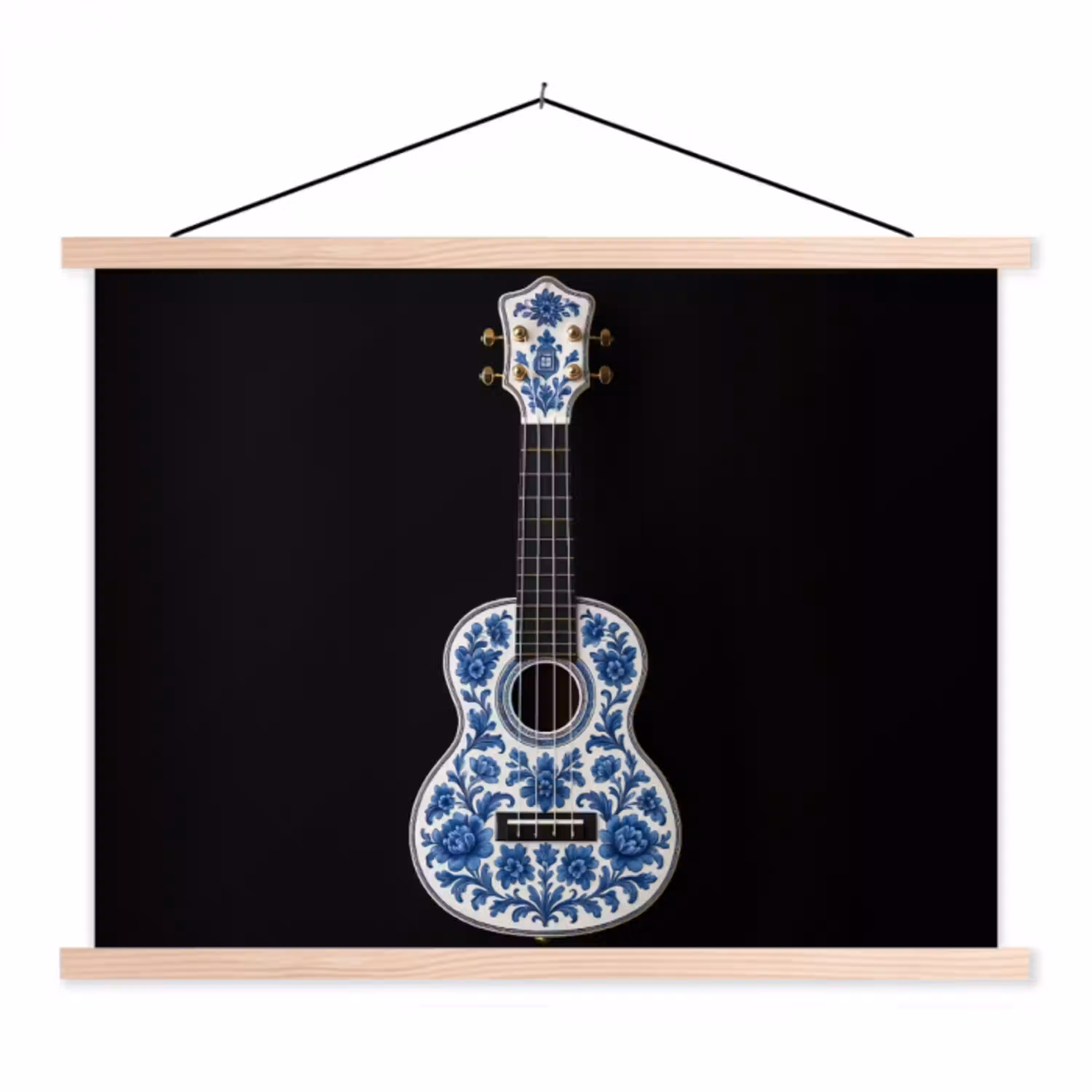 Ukelele - Delfts - Blauw - Muziek textielposter latten blank klein -3d