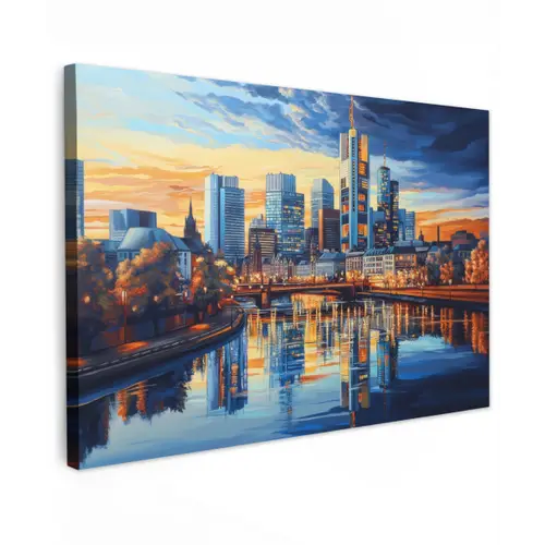 Zonsondergang Frankfurt - Stad - Skyline - Water Tuinposter op houten frame 2 cm dik klein -3d