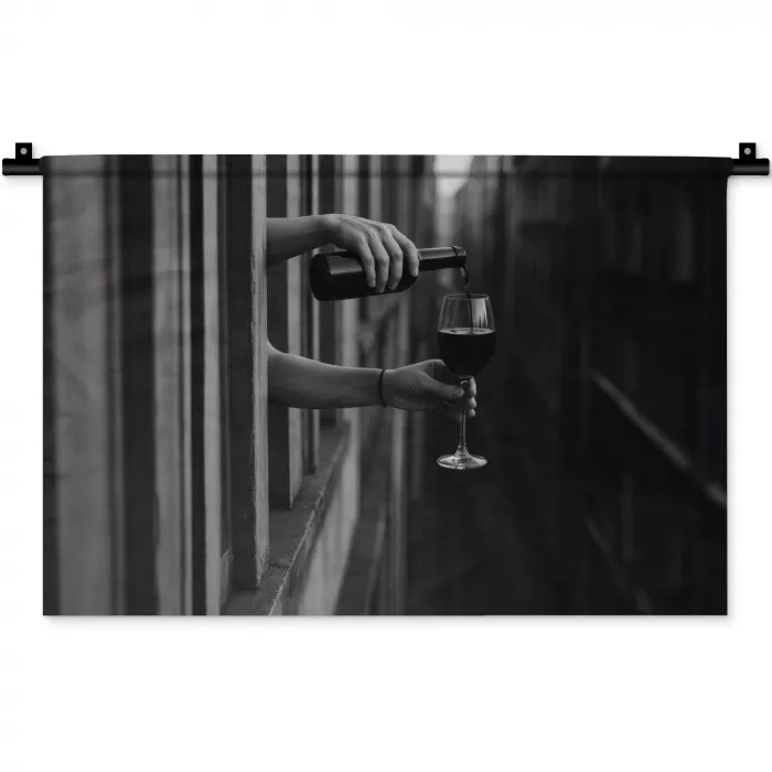 Wijnfles - Glas - Handen - Raam Wandkleed katoen klein -zz3d