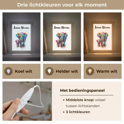 Olifanten - Dieren - Verf - Kleurrijk Light Box met kabel (Kinderlampje) klein -USP_lichtkleurNL