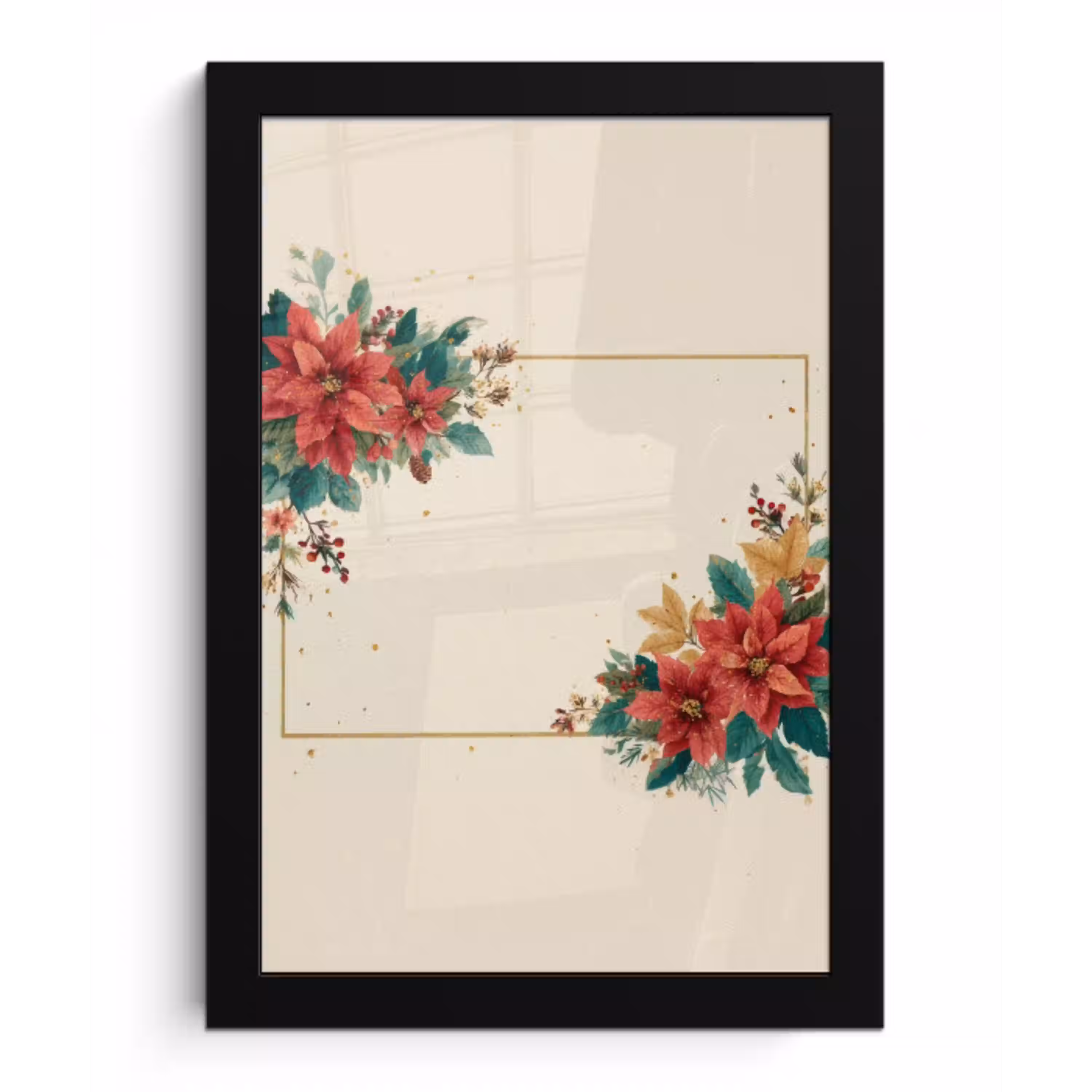 Kerst - Poinsettia - Omlijsting - Kleurrijk fotolijst zwart zonder passe partout klein -3d