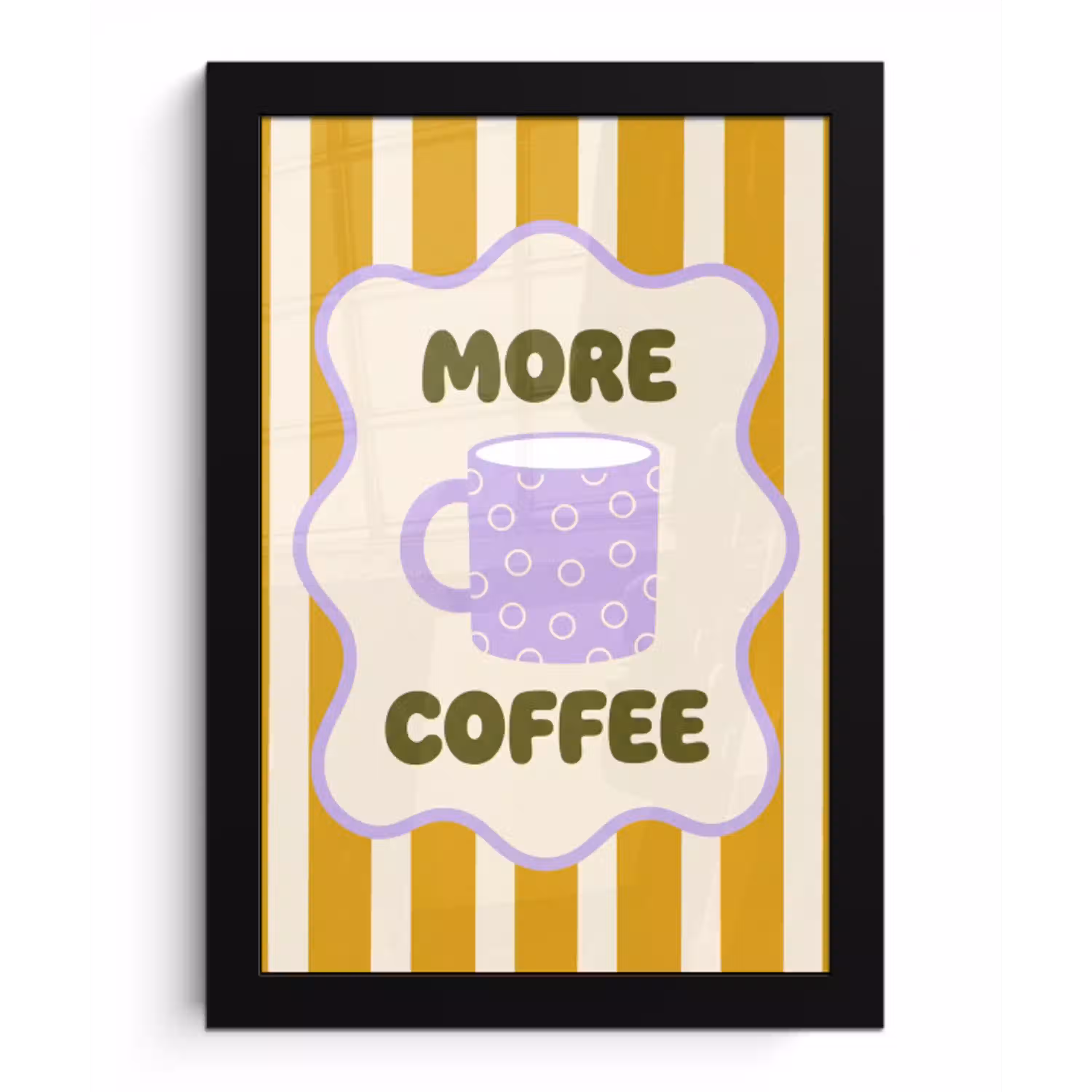 More coffee - Geel - Paars - Strepen - Mok fotolijst zwart zonder passe partout klein -3d