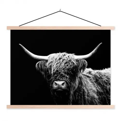 Schotse Hooglander - Koe - Zwart - Wit - Dieren textielposter latten blank klein -3d