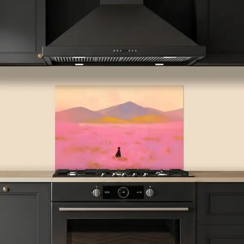 Bloemenweide - Heuvels - Silhouet - Roze keuken achterwand spatscherm klein -sfeer1