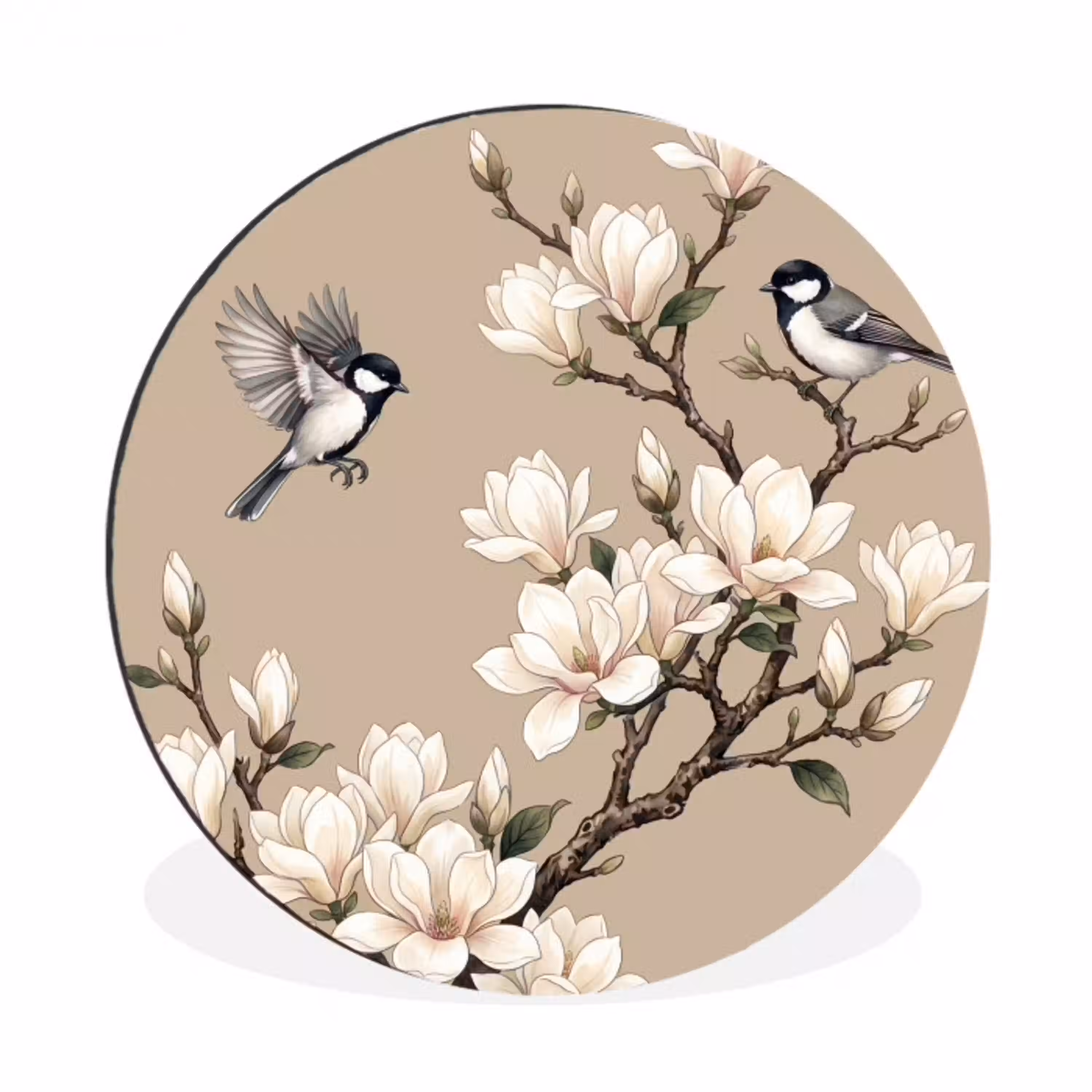 Oosters - Vogels - Beige Wandcirkel aluminium klein -3d