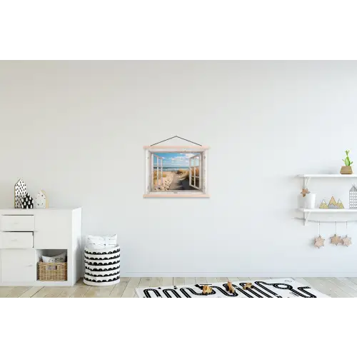 Raam - Zee - Kust - Natuur - Doorkijk - Strand - Waddenzee textielposter latten blank klein -kinderkamer
