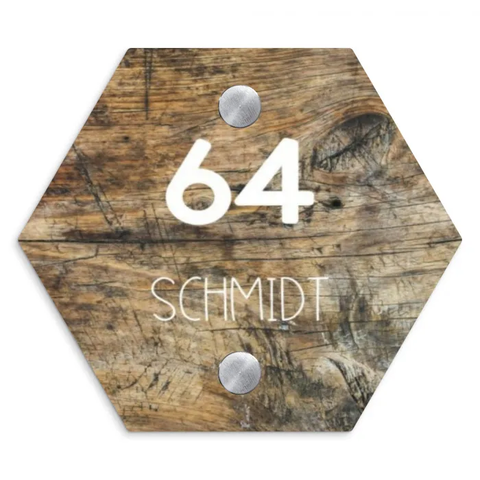 Verweerd hout - Modern Naambord Hexagon klein -3d