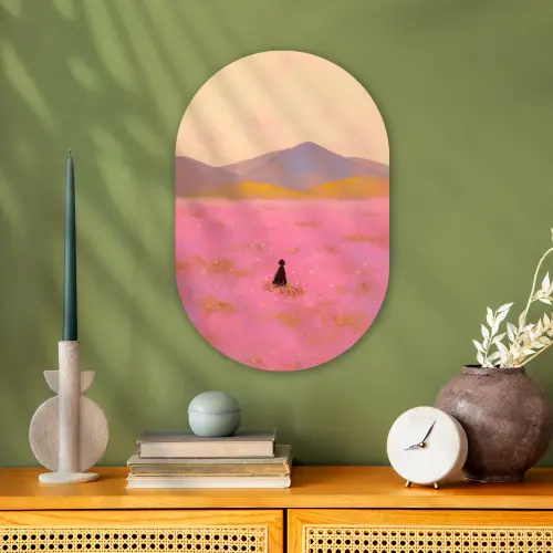 Bloemenweide - Heuvels - Silhouet - Roze Wandcirkel Ovaal Forex klein -sfeer2