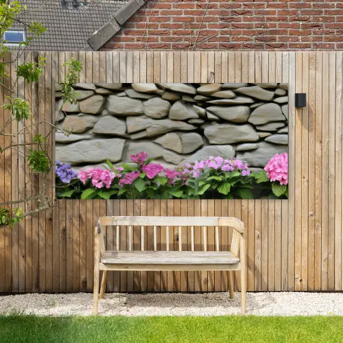 Hortensia’s - Stenen - Muur - Bloemen Tuinposter op houten frame 2 cm dik xxl -sfeer4