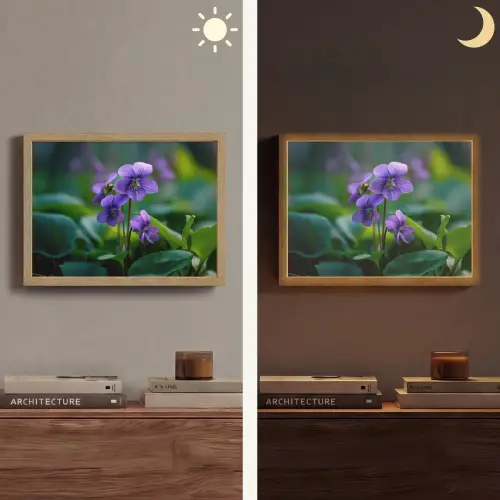 Viooltjes - Paars - Bloem - Bladeren Light Box met batterij (Wandlamp) middel -sfeer3