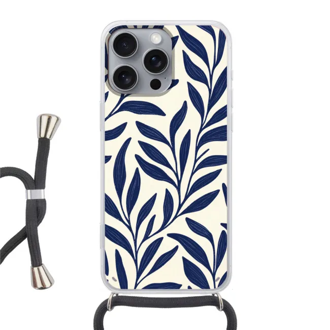 Telefoonhoesje met koord - Bladeren - Klimop - Donkerblauw