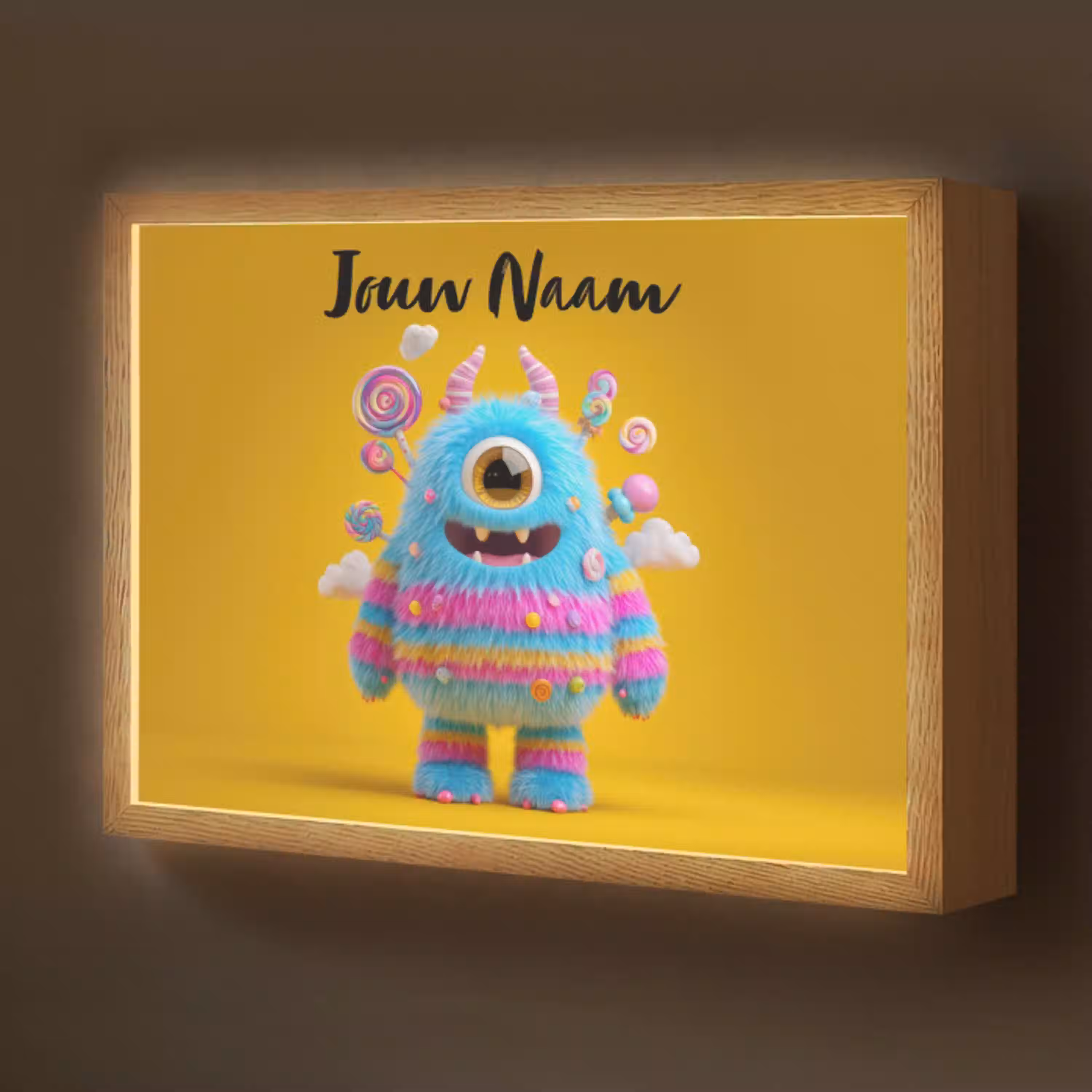 Monster - Snoep - Geel - Kleurrijk Light Box met batterij (Wandlamp kind) middel -z3d_website