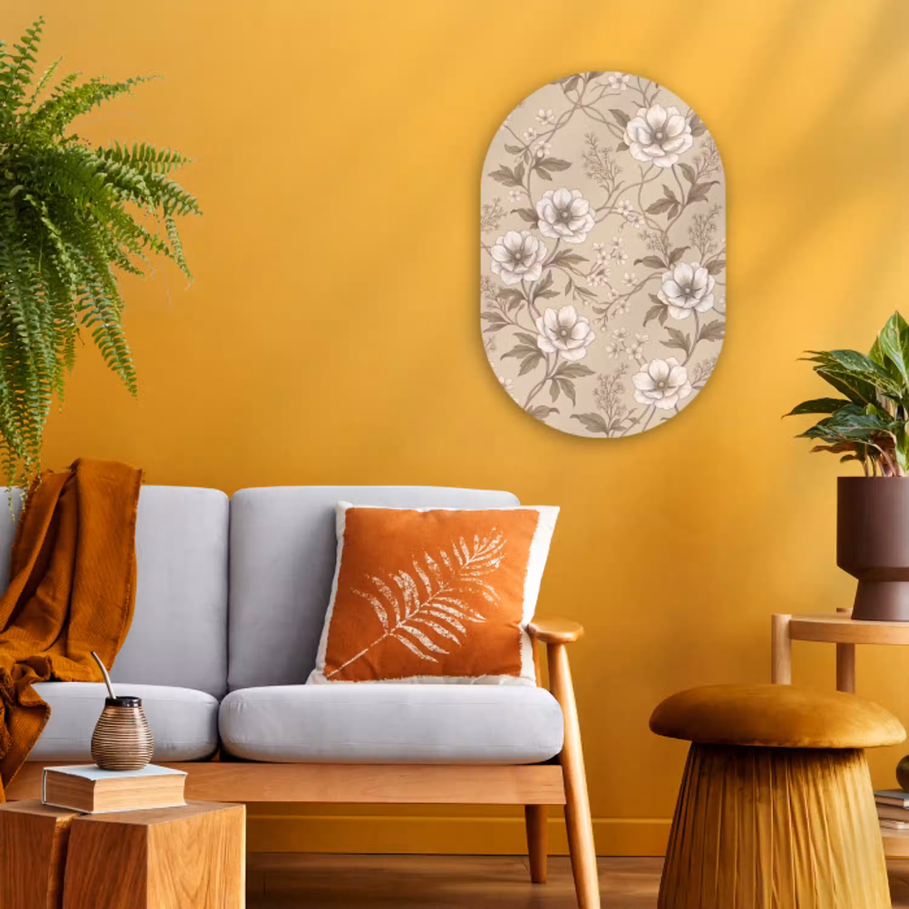 Bloemen - Patroon - Beige Wandcirkel Ovaal Forex klein -sfeer4