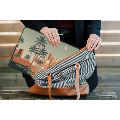 Nachtlandschap - Kamelen - Sterren - zandduinden laptophoes neopreen klein -tas