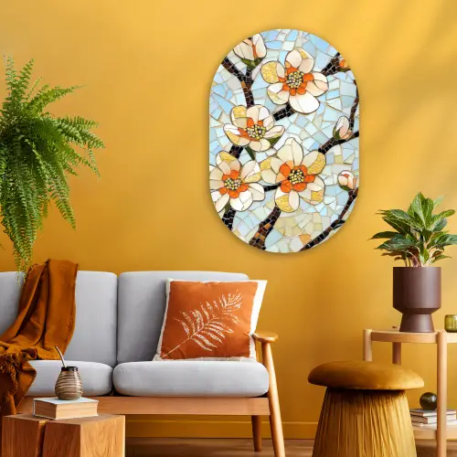 Bloesems - Wit - Mozaïek - Tak Wandcirkel Ovaal Glas middel -sfeer4