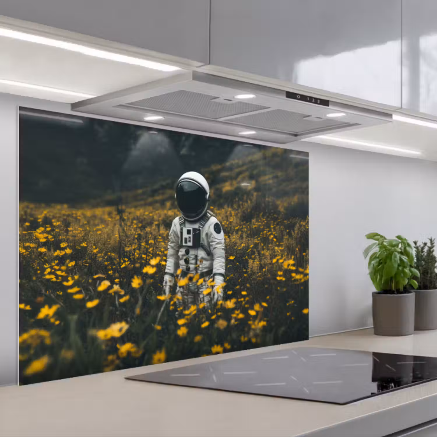 Spatscherm keuken - Astronaut - Bloemen - Veld - Geel