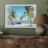 Doorkijk - Strand - Palmboom - Boot - Tropisch - Zee - Blauw PET vilt klein -sfeer2