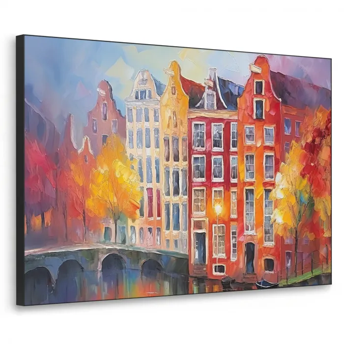 Grachtenpanden - Kunst - Schilderij - Amsterdam Textielframe - compleet frame klein -3d