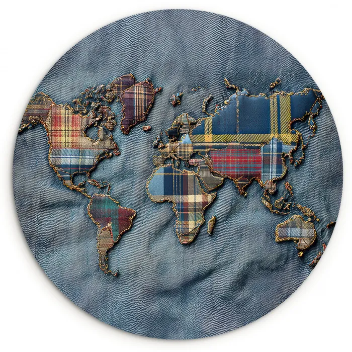 Wereldkaart - Denim - Textiel Wandcirkel kunststof plaat 5mm dik klein -3d