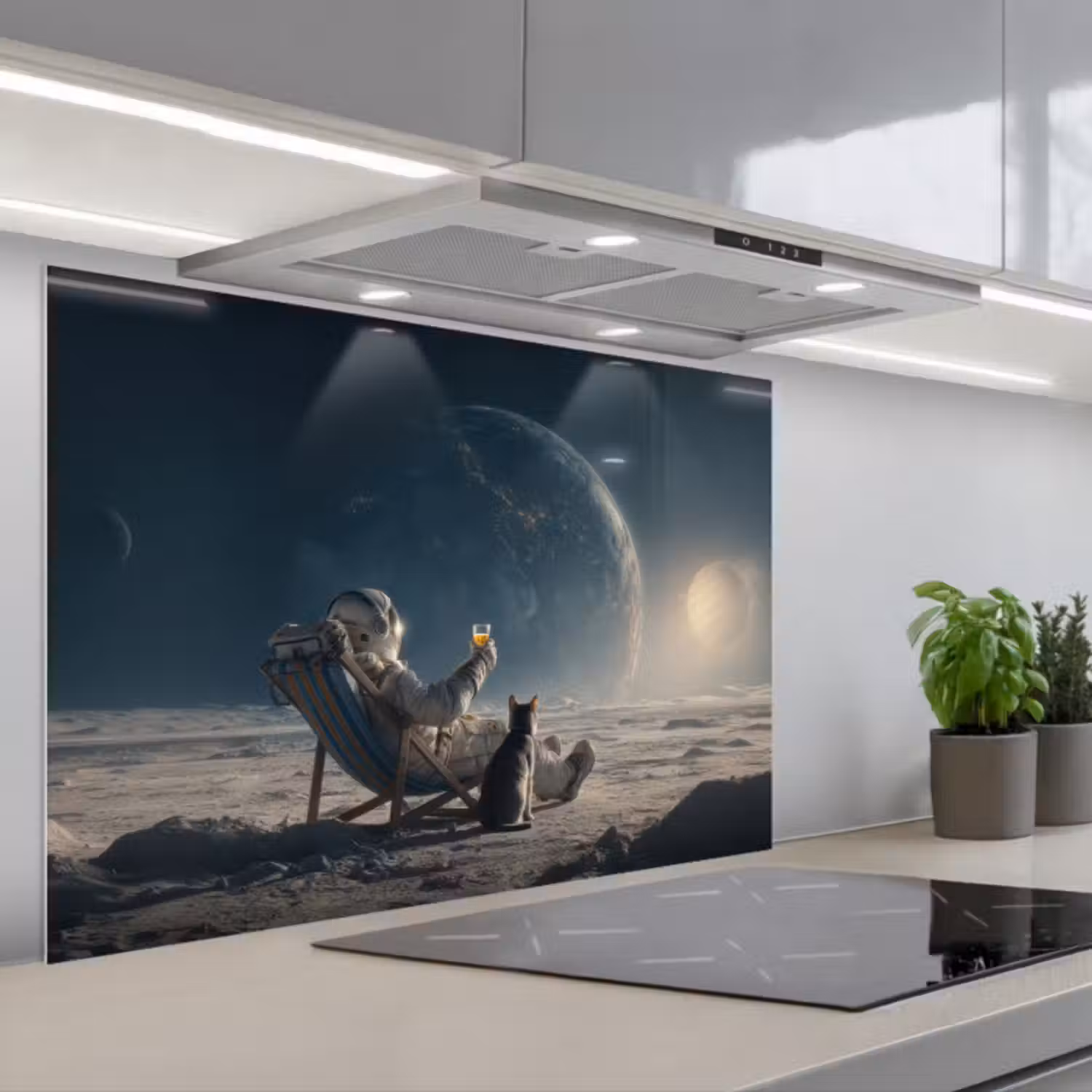 Spatscherm keuken - Maan - Kat - Astronaut - Ruimte