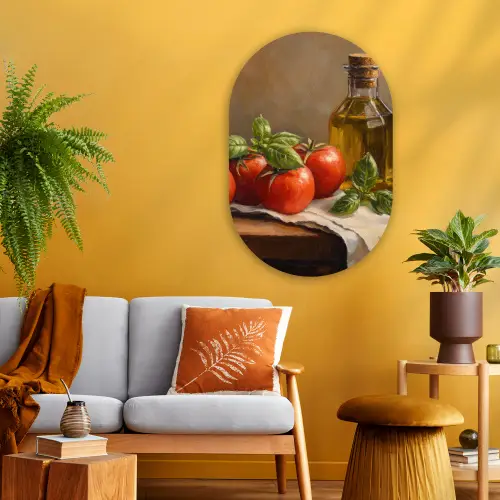 Tomaten - Olijfolie - Stilleven Wandcirkel Ovaal Glas middel -sfeer4