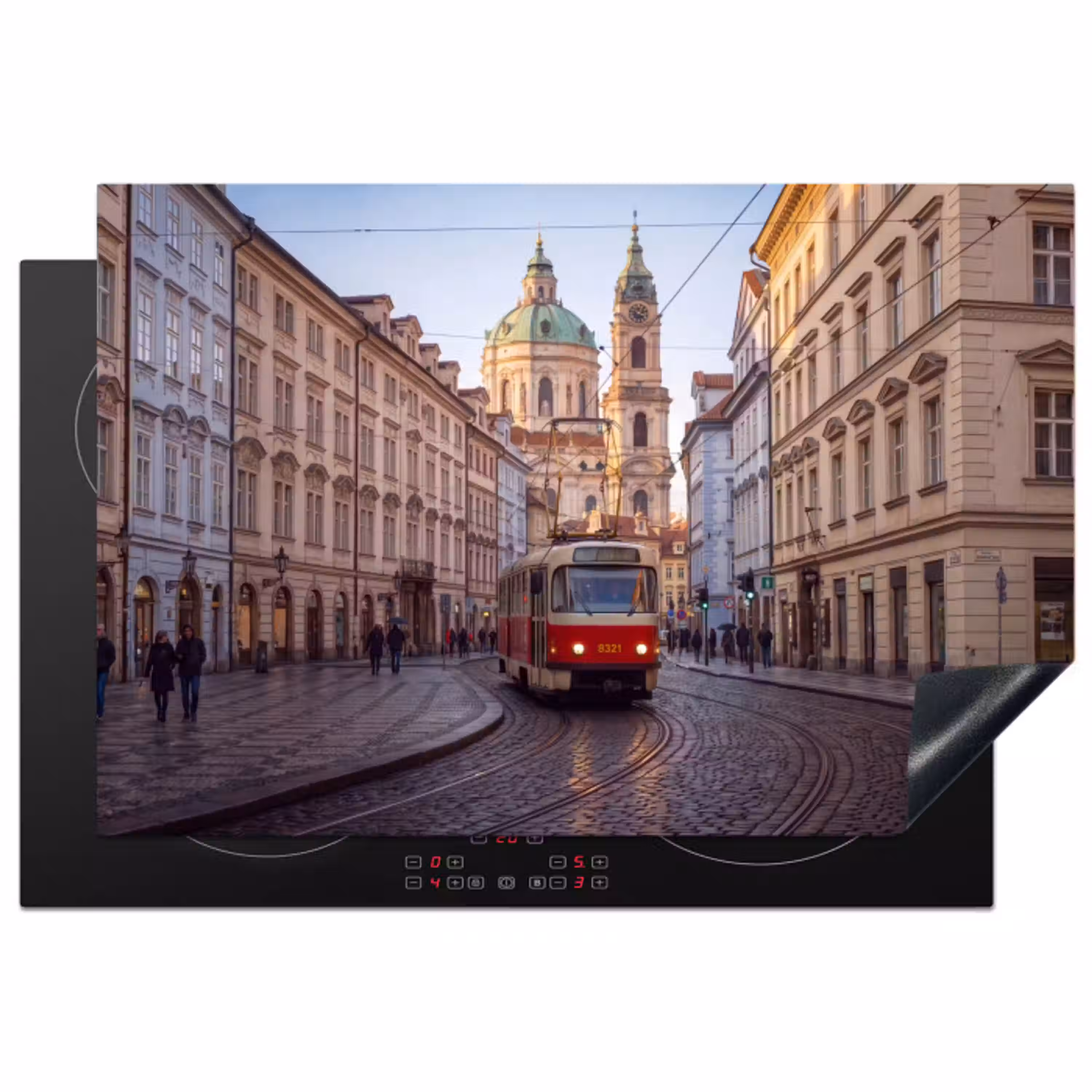 Tram - Straat - Stadsgezicht - Klassiek - Rood Inductie beschermer vinyl 3mm klein -3d