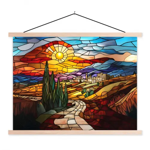 Mozaïek - Zon - Landschap - Dorp textielposter latten blank klein -3d