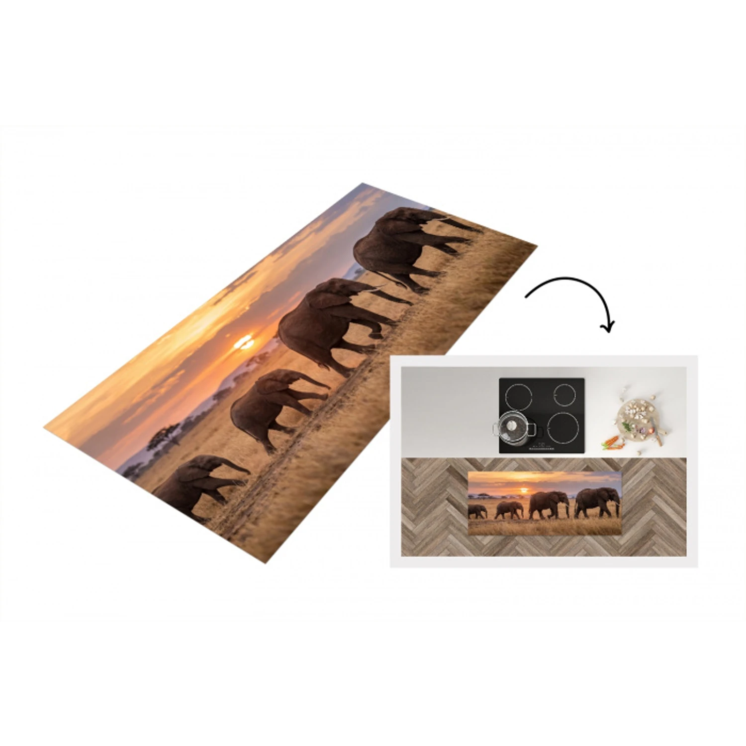 Olifanten - Savanne - Zonsondergang - Afrika - Warm Keukenloper - keukenmat middel -3d